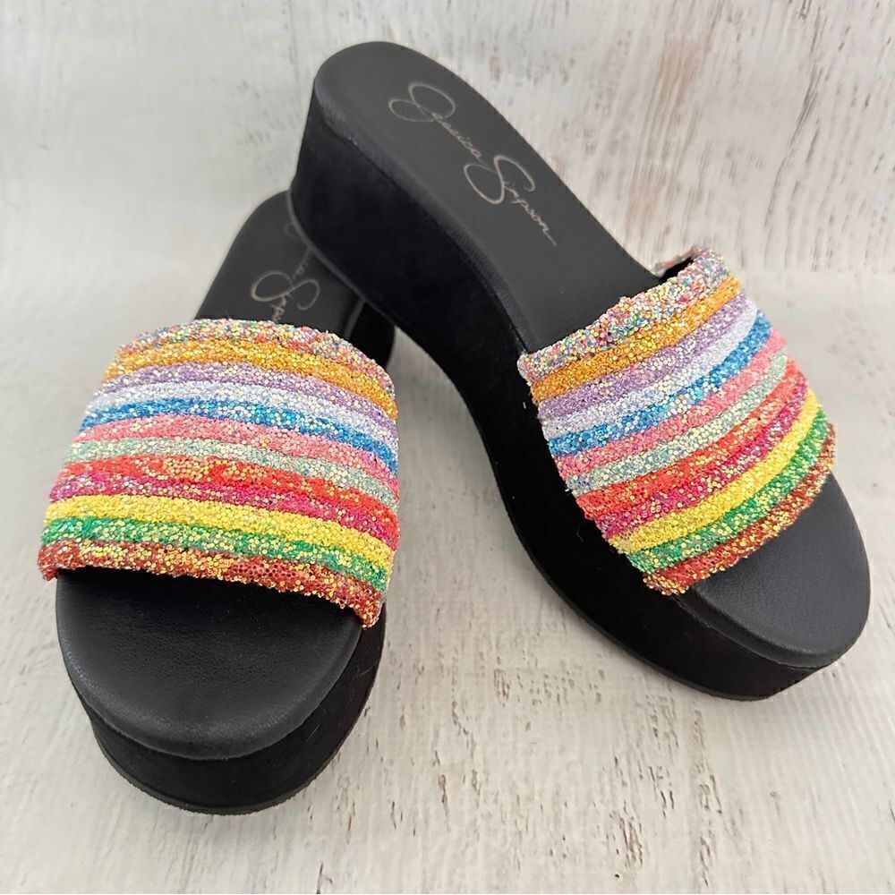 Jessica Simpson rainbow sparkle glitter trivia platform sandal Sz 8